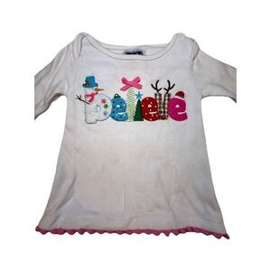 Mud Pie Baby Girl Christmas Top 6-9M Believe Applique Long Sleeve Pom Trim